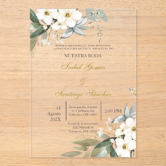Invitations En Acrylique Invitación en Español para boda (Recto)