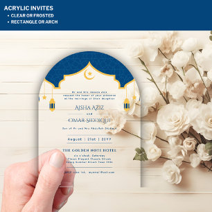 Invitations En Acrylique Islamique Bleu Or Nikah Mariage Musulman Élégant