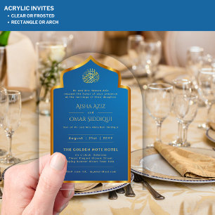 Invitations En Acrylique Islamique Bleu Or Nikah Mariage Musulman Élégant