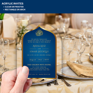 Invitations En Acrylique Islamique Bleu Or Nikah Mariage Musulman Élégant