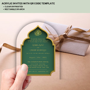 Invitations En Acrylique Islamique Or Vert Nikah Walima Musulman Élégant