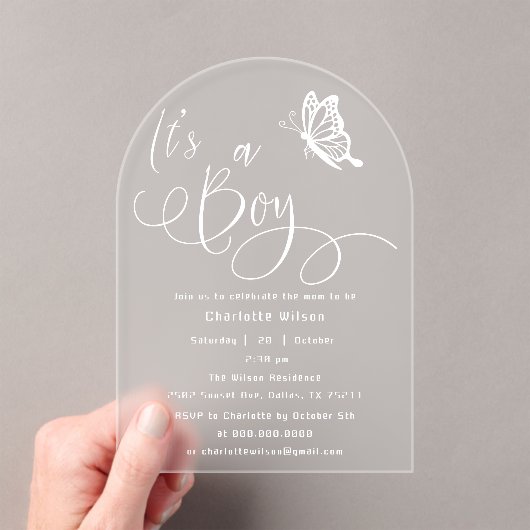 Invitations En Acrylique It's A Boy Modern Minimal Butterfly Baby Shower (In situ (ordinateur de poche))