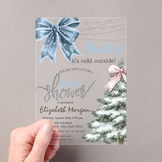 Invitations En Acrylique It's Cold Outside Pine Tree Bow Baby Shower (In situ (ordinateur de poche))