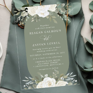 Invitations En Acrylique Ivoire et Sauge Élégant Mariage Floral