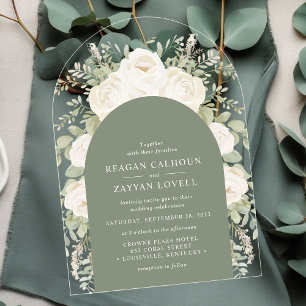Invitations En Acrylique Ivoire et Sauge Moderne Élégant Floral Mariage