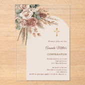 Invitations En Acrylique Ivory blush taupe roses pampas arch Confirmation (Recto)