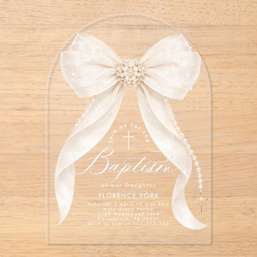 Invitations En Acrylique Ivory Bow Pearls Girl Baptism Religious (Recto)