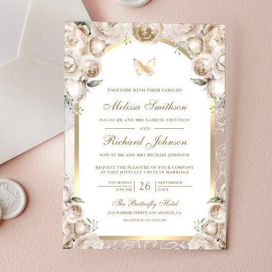 Invitations En Acrylique Ivory Cream Floral Gold Arch Butterfly Wedding
