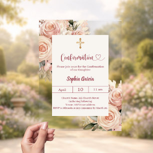 Invitations En Acrylique Ivory dusty rose florales luxe Confirmation