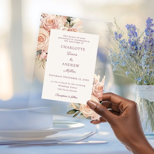 Invitations En Acrylique Ivory dusty rose florals luxury wedding