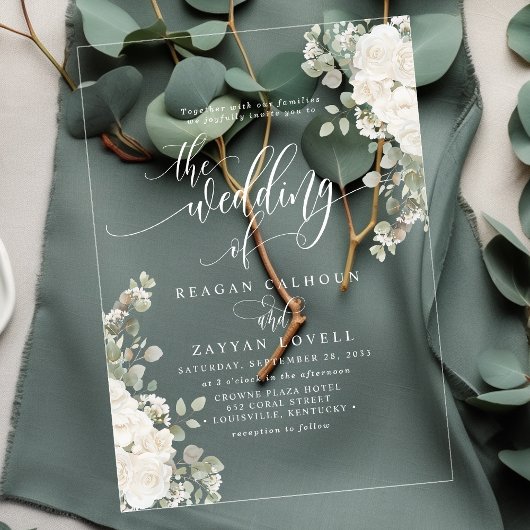 Invitations En Acrylique Ivory Et Sage Chic Script Élégant Mariage Floral