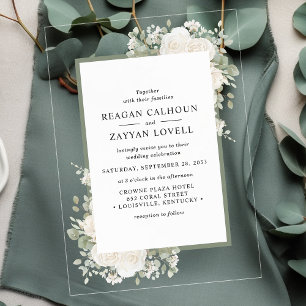 Invitations En Acrylique Ivory et Sage Élégant Cadre Floral Mariage