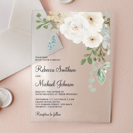 Invitations En Acrylique Ivory Floral Sage Green Leaves Wedding