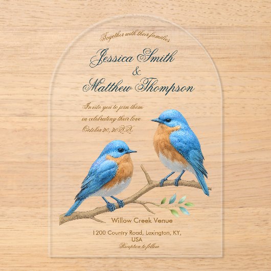 Invitations En Acrylique Ivory Pastel Lovebirds Romantique Bluebirds Mariag (Recto)