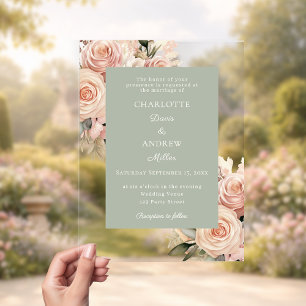Invitations En Acrylique Ivory rose poussiéreuse florales vert sauge luxe m