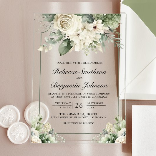 Invitations En Acrylique Ivory Rose Sage Green Floral Wedding