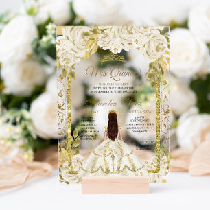 Invitations En Acrylique Ivy Blanc Floral Princesse Or Arc Quinceanera