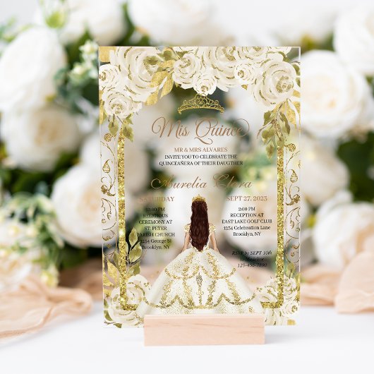 Invitations En Acrylique Ivy Blanc Floral Princesse Or Arc Quinceanera