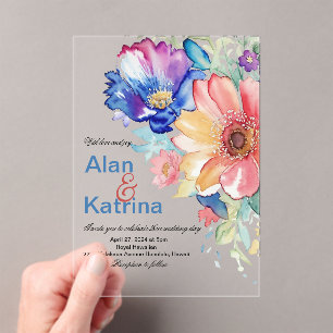 Invitations En Acrylique Jardin de fleurs sauvages audacieuses Bleu Rose Pê