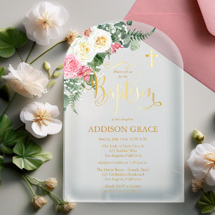 Invitations En Acrylique Jardin de roses élégant - Baptême de fille - Faux 
