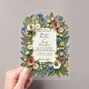 Invitations En Acrylique Jardin Élégant de Fleurs Sauvages Mariage Acryliqu