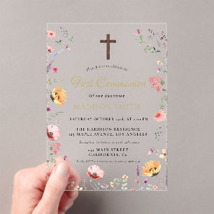 Invitations En Acrylique Jardin Fleur sauvage élégant Première Communion Sa