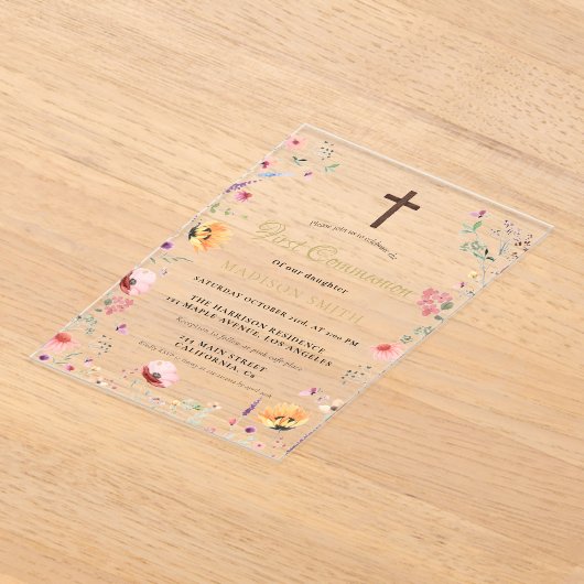 Invitations En Acrylique Jardin Fleur sauvage élégant Première Communion Sa (Poser)