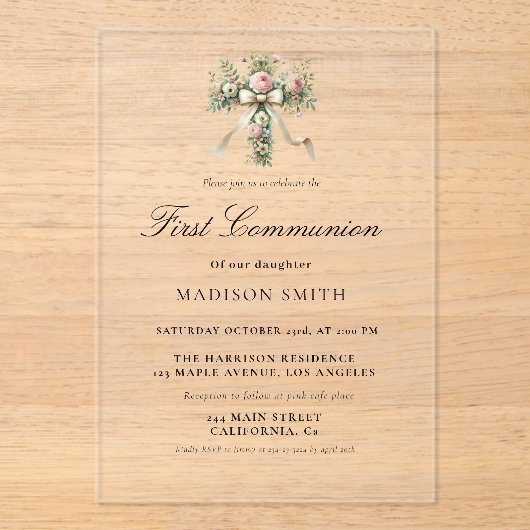 Invitations En Acrylique Jardin Fleur sauvage élégant Première Communion Sa (Recto)