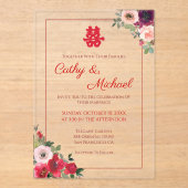 Invitations En Acrylique Jardin fleuri violet rouge mariage chinois (Recto)