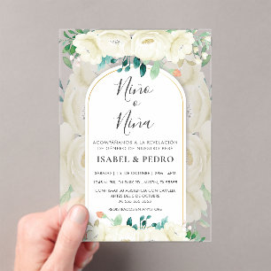 Invitations En Acrylique Jardin Floral Blanc Moderne Espagnol Sexe Révéler