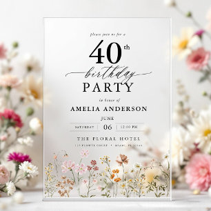 Invitations En Acrylique Jardin Floral Calligraphie 40e anniversaire