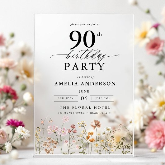 Invitations En Acrylique Jardin Floral Calligraphie 90e anniversaire