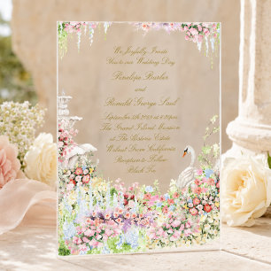 Invitations En Acrylique jardin romantique français floral château cygne ma