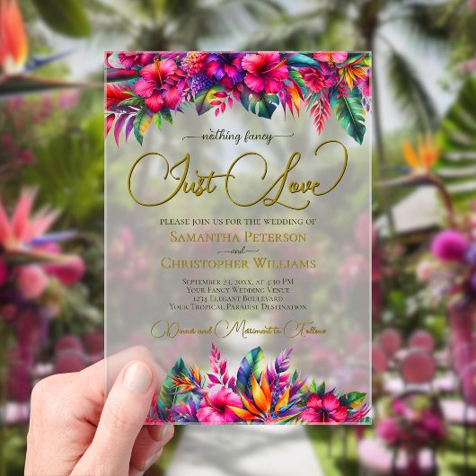 Invitations En Acrylique Jardin tropical Hibiscus vif Juste Amour Mariage