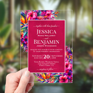 Invitations En Acrylique Jardin Tropical Vibrant Texte Mariage Élégant