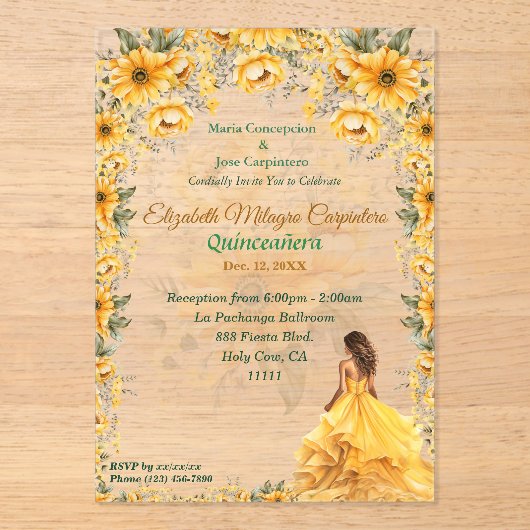 Invitations En Acrylique Jaune clair Quinceañera Design floral (Recto)