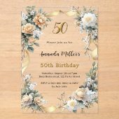 Invitations En Acrylique Jaune or fleurons ruban clair anniversaire (Recto)