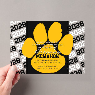 Invitations En Acrylique Jaune Tendance & Empreinte de Patte de Diplômé Cla
