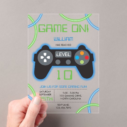 Invitations En Acrylique Jeu vidéo Neon Blue & Green Anniversaire Party (In situ (ordinateur de poche))