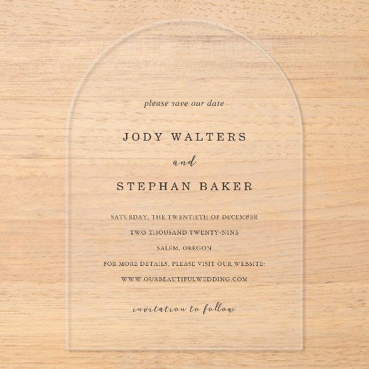 Invitations En Acrylique Jody Simple Elegant Wedding Enregistrer la date (Recto)