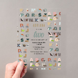 Invitations En Acrylique Joli Alphabet ABC Animaux Anniversaire Tout-Petits