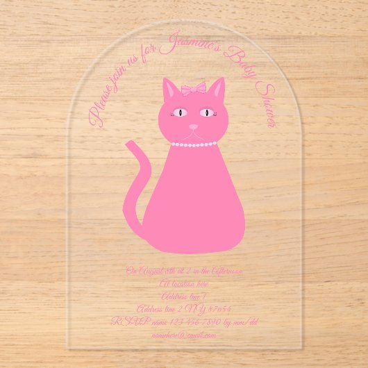 Invitations En Acrylique Joli bébé rose fille chat Baby shower personnalisé (Recto)