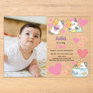 Invitations En Acrylique Joli chaton avec photo de bébé fille anniversaire