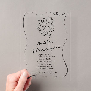 Invitations En Acrylique Joli Cupidon en Ski pour Mariage d'Hiver Dessiné à