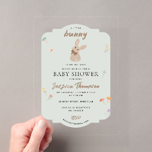 Invitations En Acrylique Joli lapin bébé floral vert pour Baby Shower