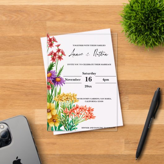 Invitations En Acrylique Joli Orange violet Fleur sauvage Mariage Floral (Insitu (Carte d'invitation))
