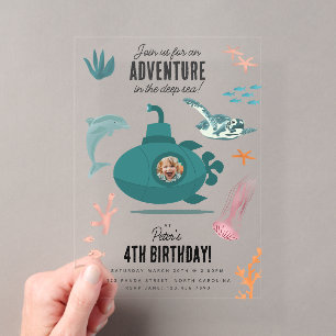 Invitations En Acrylique Joli sous-marin Anniversaire Enfants Photo en haut