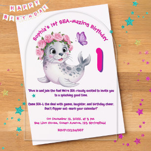 Invitations En Acrylique Jolie Anniversaire Fille Lion de Mer Floral Coloré