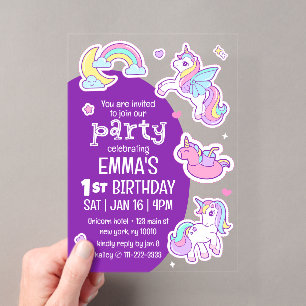 Invitations En Acrylique Jolie fête d'anniversaire de licorne arc-en-ciel m