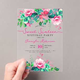 Invitations En Acrylique Jolie Fête Fleurie de Printemps pour Sweet 16 Anni